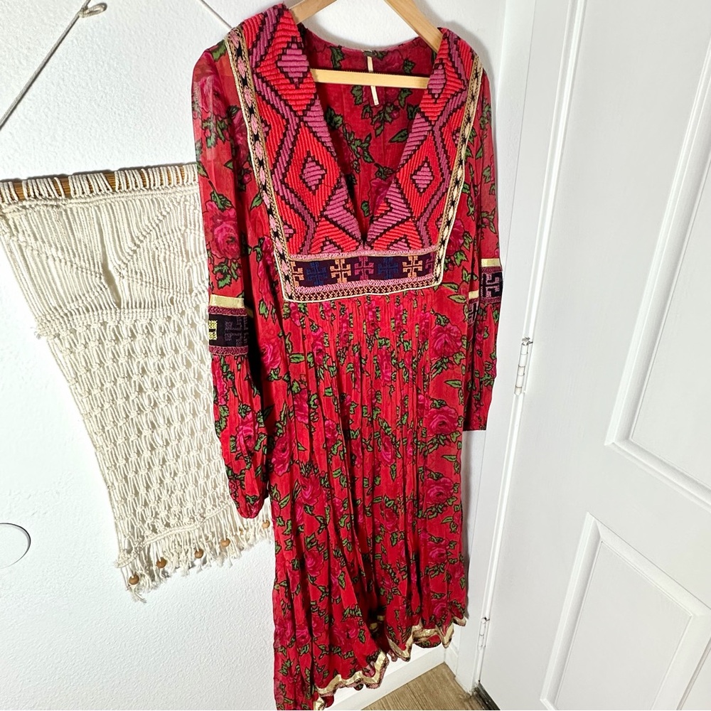 Free People Bold Blooms Red Embroidered Midi Dress Bohemian Boho Floral M/L